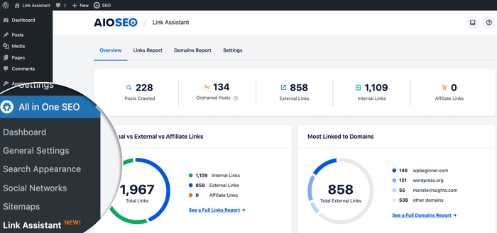 A snapshot of AIOSEO Link Assistant showing internal link suggestions for SEO copywriting