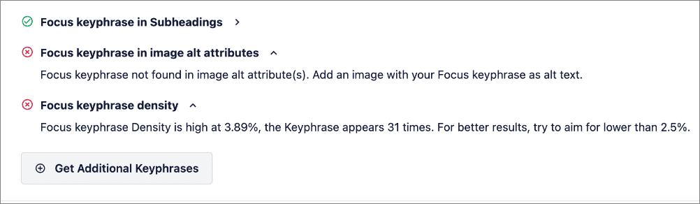 AIOSEO's keyword density checker showing percentage and number of times a keyword appears