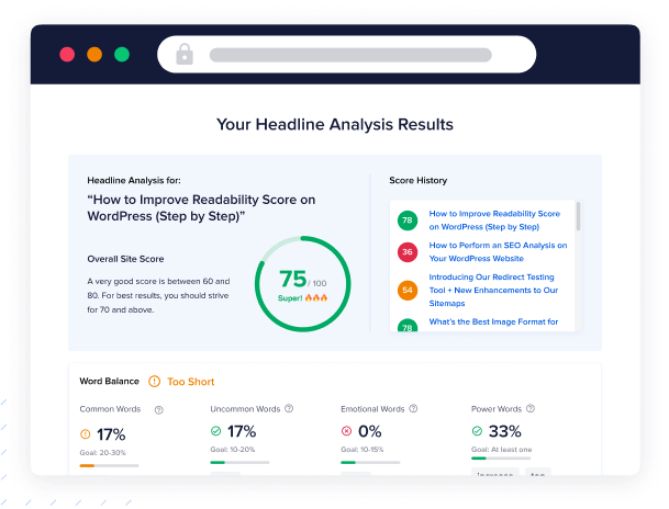 Resultados del analizador de titulares en WordPress.