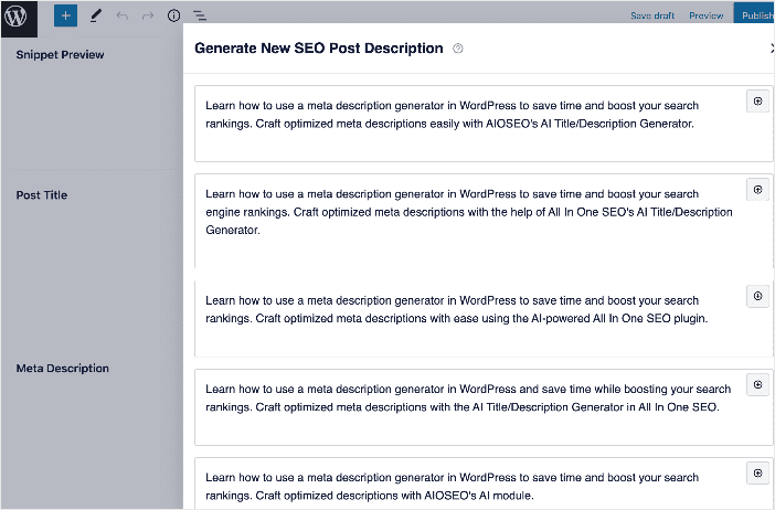 Examples of AI generated meta descriptions. The meta description generator gives you 5 suggestions to choose from.