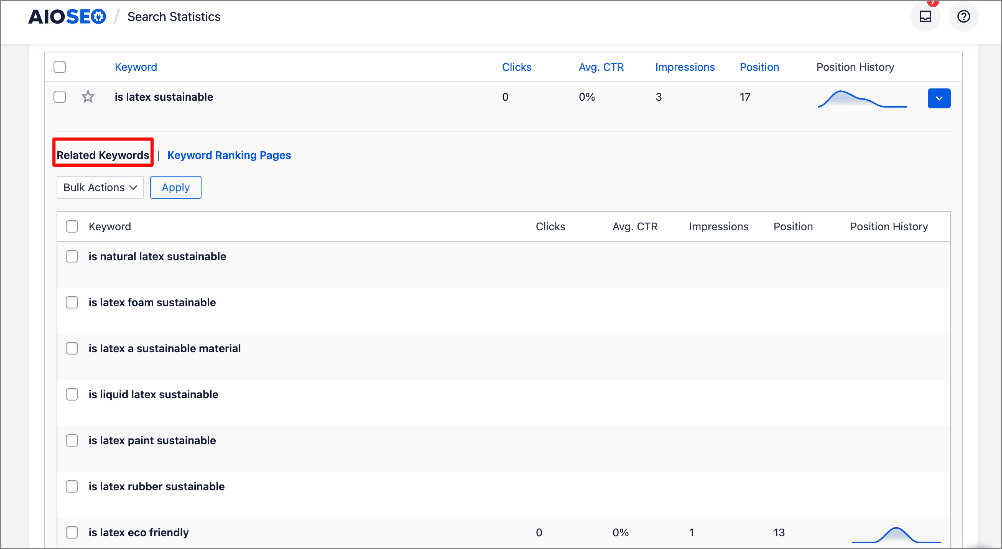 Related keywords in the Keyword rank Tracker