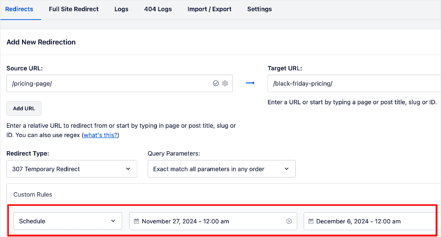 Scheduling a WordPress redirect in AIOSEO.