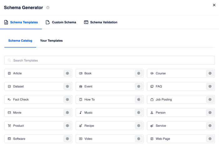 Schema generator feature A snapshot showing how to select the schema type you need to apply to bolster your technical SEO