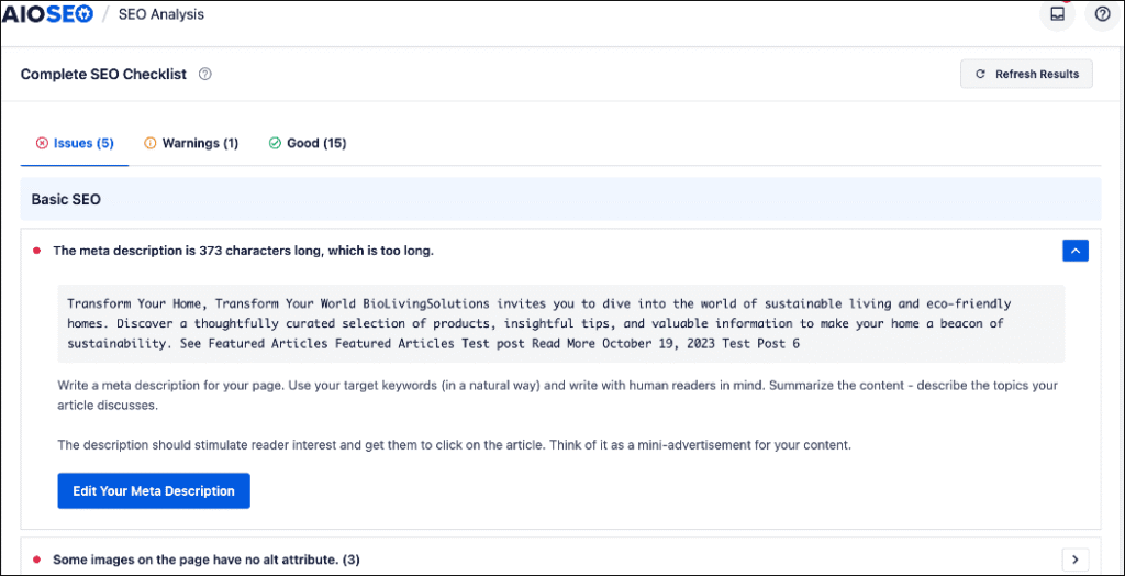 SEO Checklist SEO Checklist in the SEO Analysis.