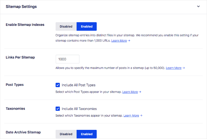 Sitemap settings in AIOSEO. Sitemap settings in AIOSEO.