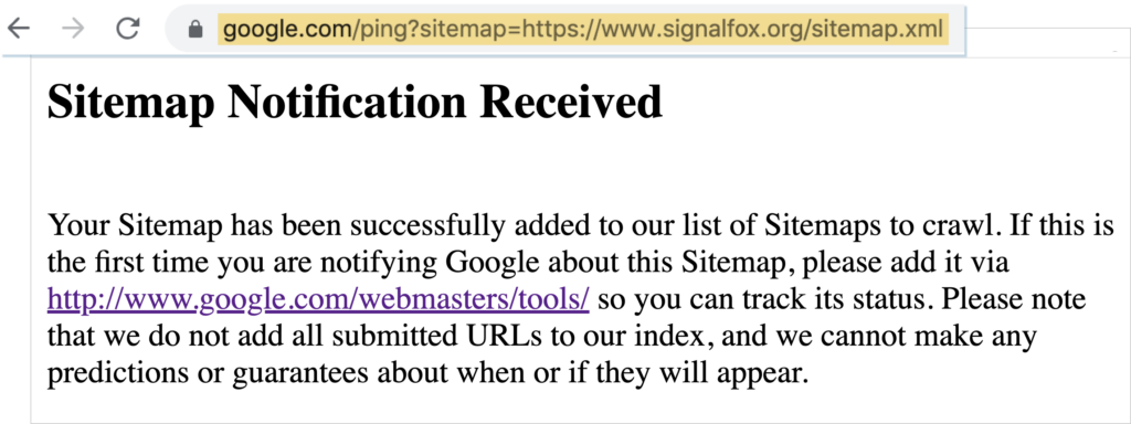 notificación de envío de sitemap de google