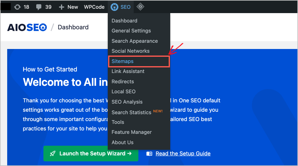 Sitemaps menu in AIOSEO