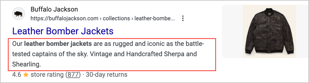 example of standard search snippet with meta description highlighted