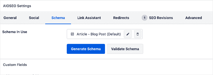 Schema tab in AIOSEO general settings A snapshot showing schema tab in AIOSEO general settings
