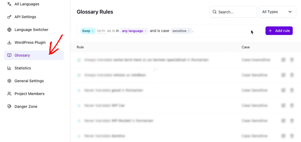 Universally glossary rules can include and exclude specific terms.