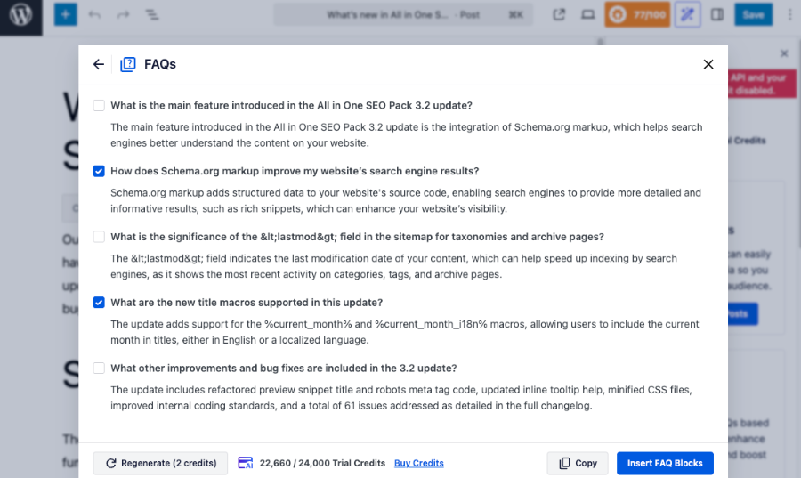 FAQs generated by the AI Content Generator in WordPress.