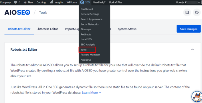 AIOSEO's robot.txt feature A snapshot showing how AIOSEO helps improve your technical SEO by enabling you to edit your robots.txt file