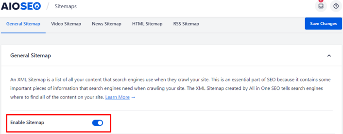 AIOSEO's sitemap feature A snapshot showing how to create a sitemap using AIOSEO to help improve your technical SEO