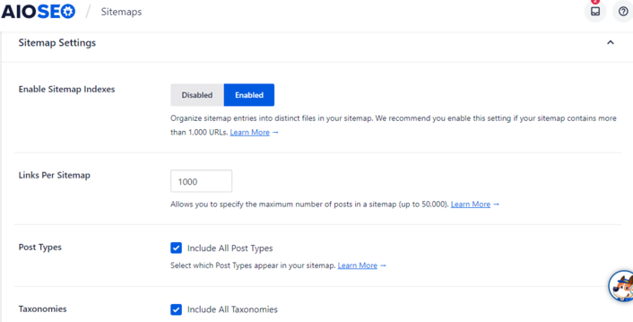 AIOSEO's sitemap feature A snapshot showing how to adjust some sitemap settings in AIOSEO to improve your technical SEO