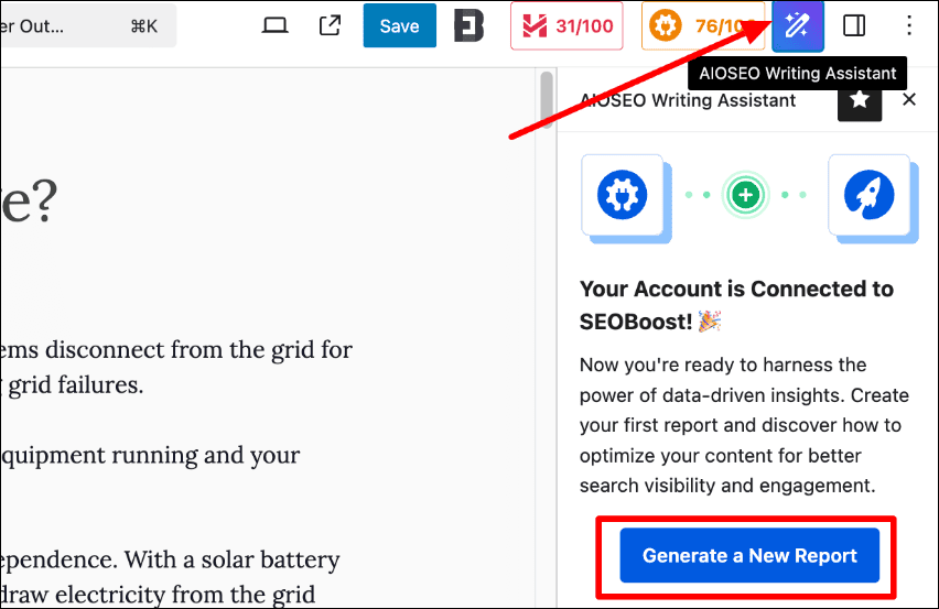 A snapshot of AIOSEO AI Writing Assistant generating a content optimization report