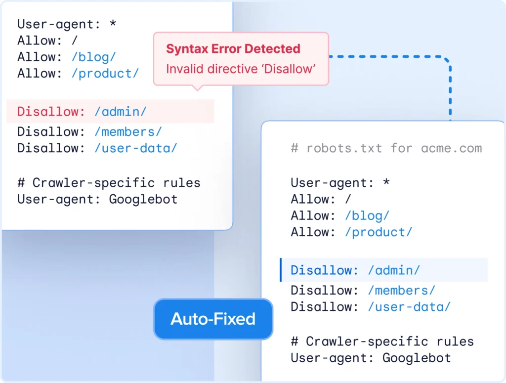 Obtén pruebas en tiempo real para detectar errores de robots.txt antes de que se publiquen.